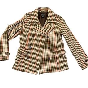 Wet Seal Women's Plaid Double Breasted Button Up Lined Jacket Pea Coat M brown